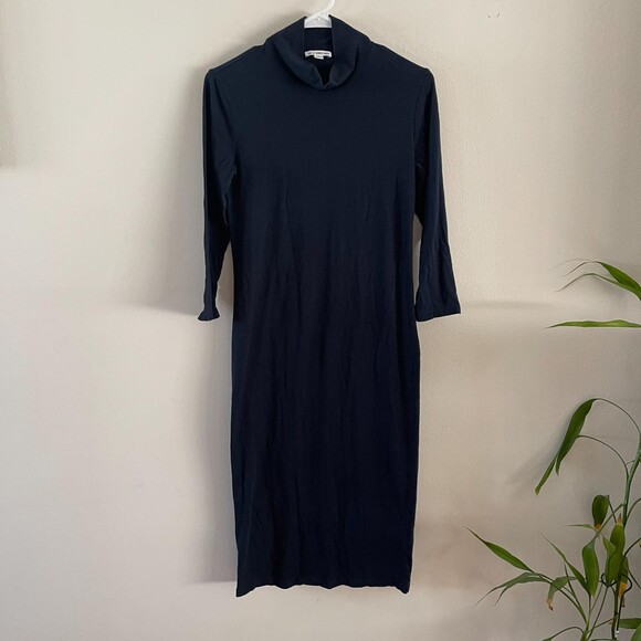 James Perse Midi Dress Women Sz 3 Large Black Long Sleeve Turtleneck Minimalist - Picture 2 of 9